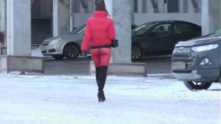 Crimson Stockings. Jeny Smith public ambling in taut seamless crimson pantyhose (no underpants)