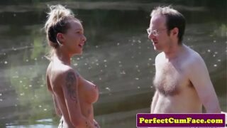 Huge-titted female dominance tugging stud outdoors for spunk