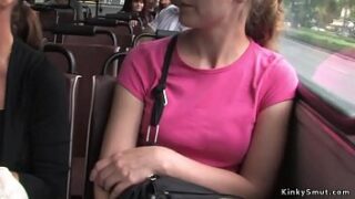 Natural big-chested and ball-gagged super-bitch in utter bus mouth and cunt banged