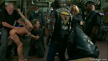 Tied sexy blonde marionette Dahlia Sky is public abased by mistress Princess Donna Dolore and mouth and vulva fucked by giant dick Mark Davis in bikers pub