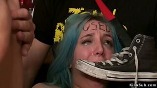 Girl-girl domme torments cunny to naked euro marionette Liz Rainbow at abandoned train station in the middle of the day