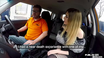 Brit student cowgirling road educator in public