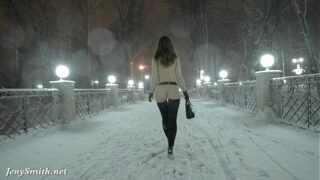 Jeny Smith naked in snow fall ambling thru the city