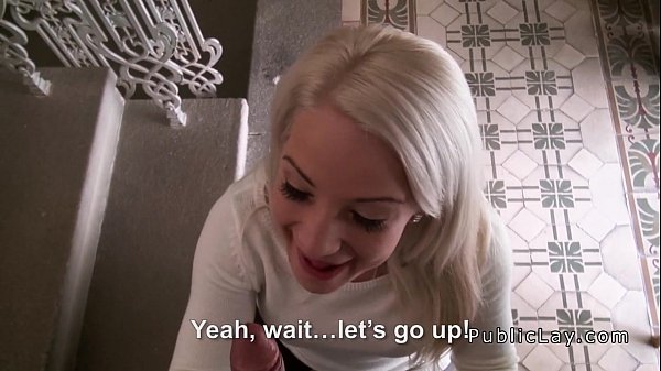 Blonde student oral pleasure in the public stairs