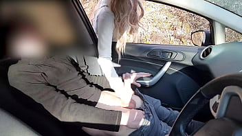 Youthfull damsel helped jerking stud in a truck jism