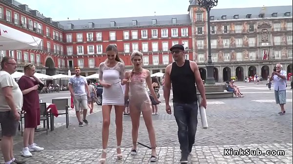 Naked marionette in foil in public